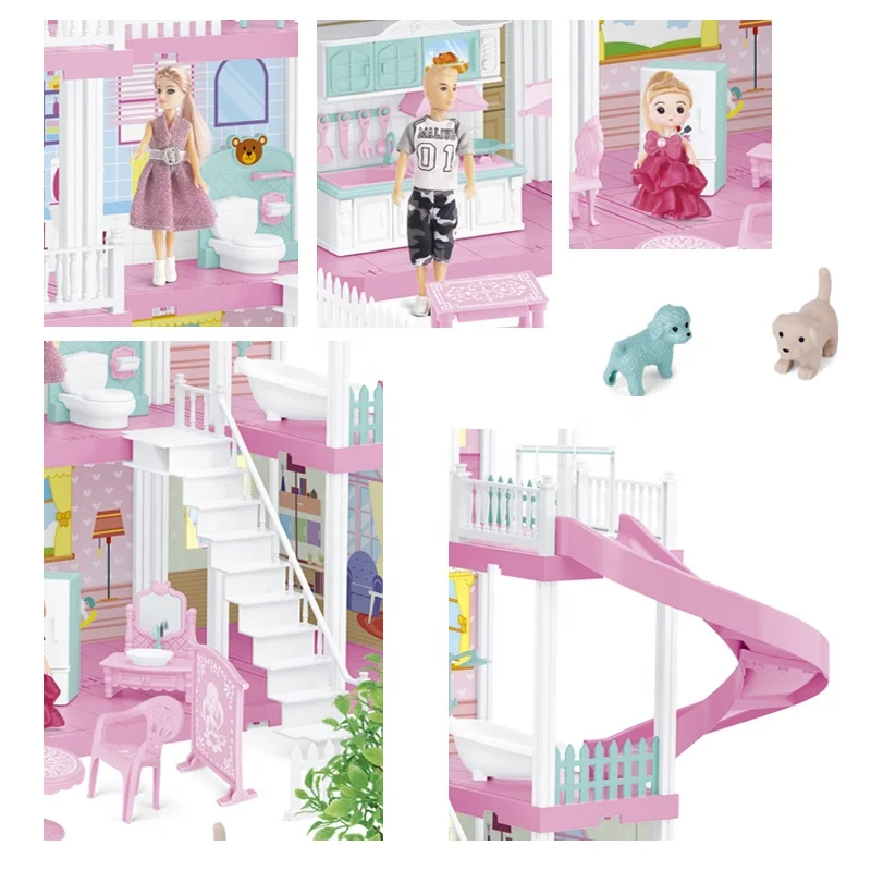 Pretend Play Girl Princess Toy Accessories Furniture DIY Assembly Plastic Big Size Dream Doll House with Boy and Girl Doll