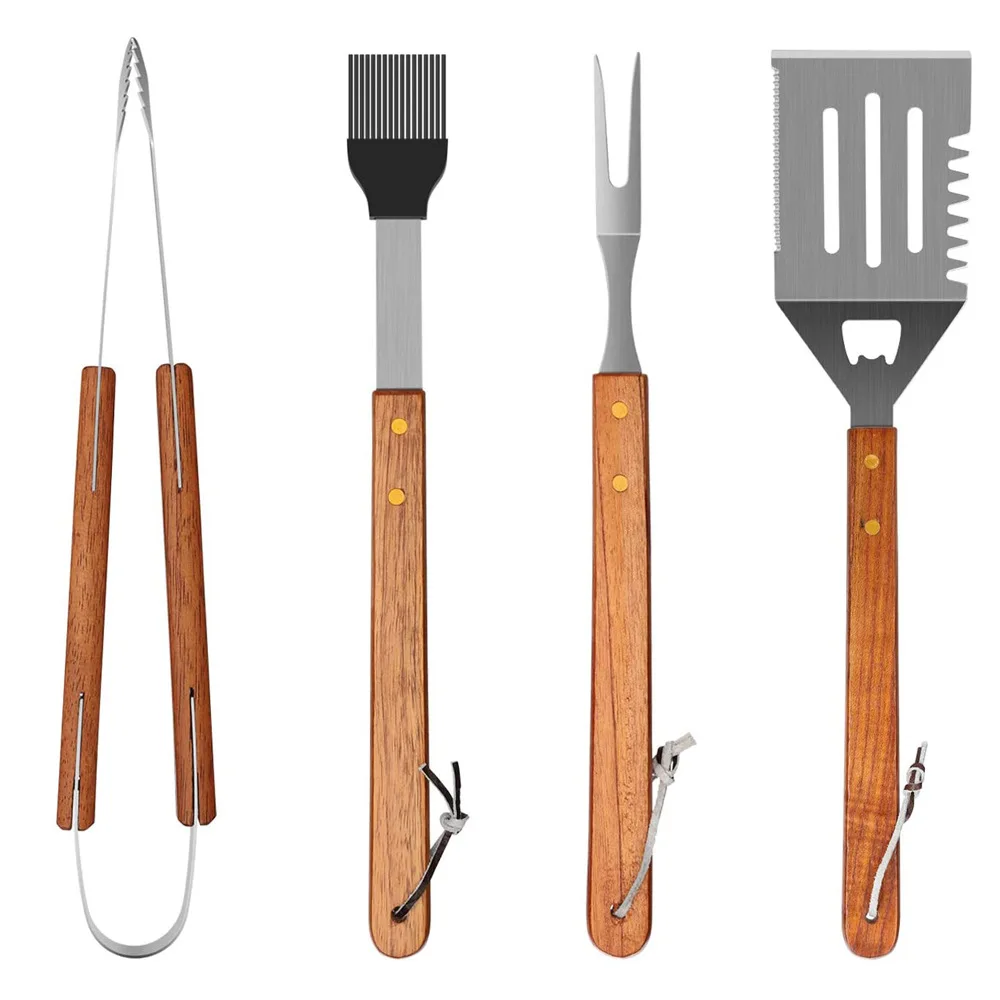 OWNSWING Outdoor Stainless Steel Barbecue Tools BBQ Wooden Handle Fork Shovel Clip Combination Barbecue Suit