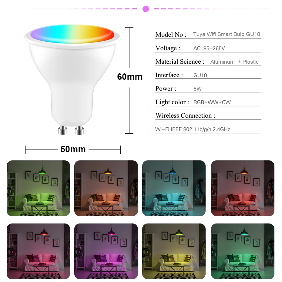 LED Bulb GU10 Spotlight RGB Dimmable 8W Smart Wifi or IR Remote Control RGB and White