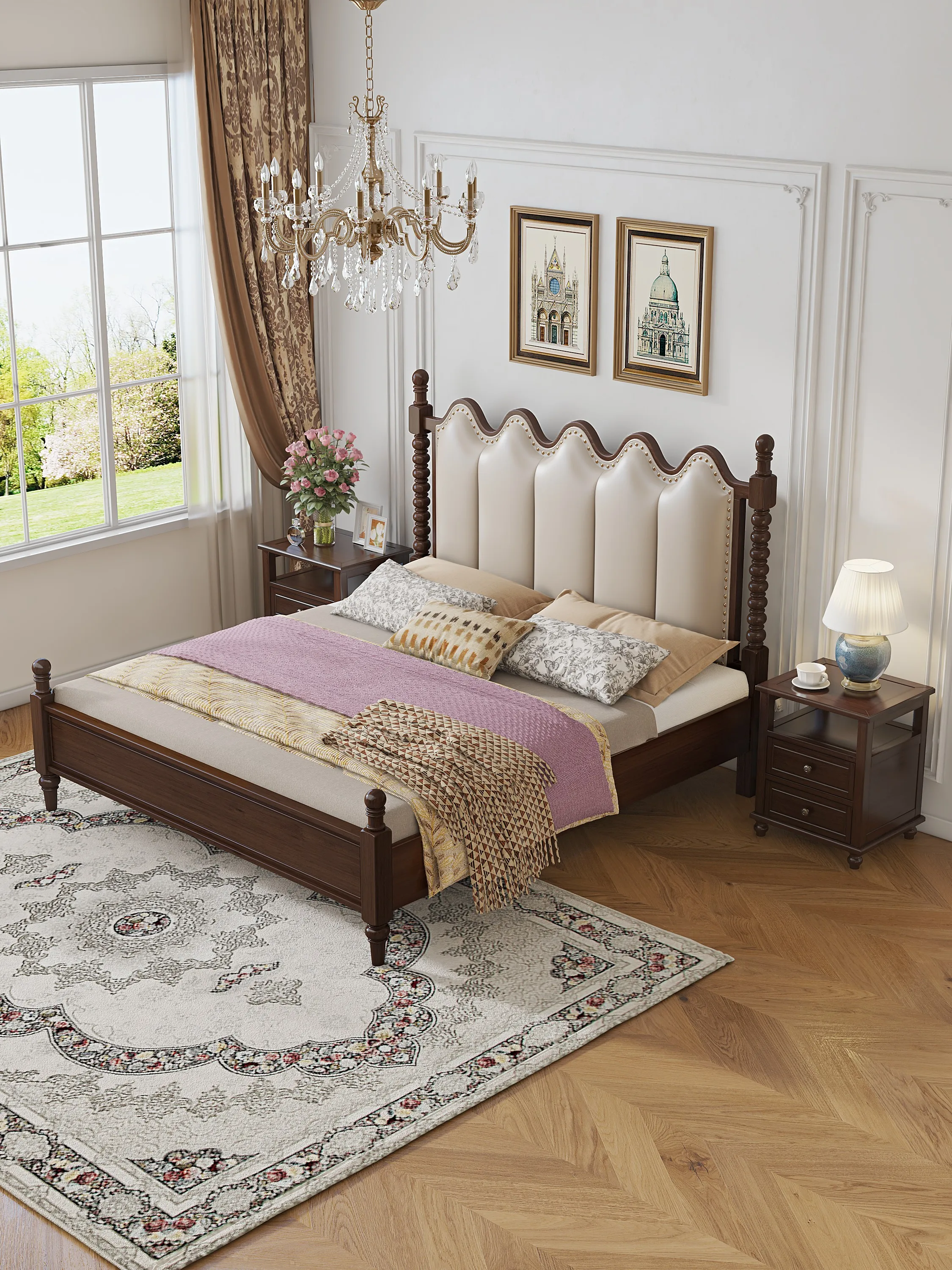 Soft American Countryside Solid Wood Bed Luxury Double Beds Furniture Classic European Queen Size Bed Frame