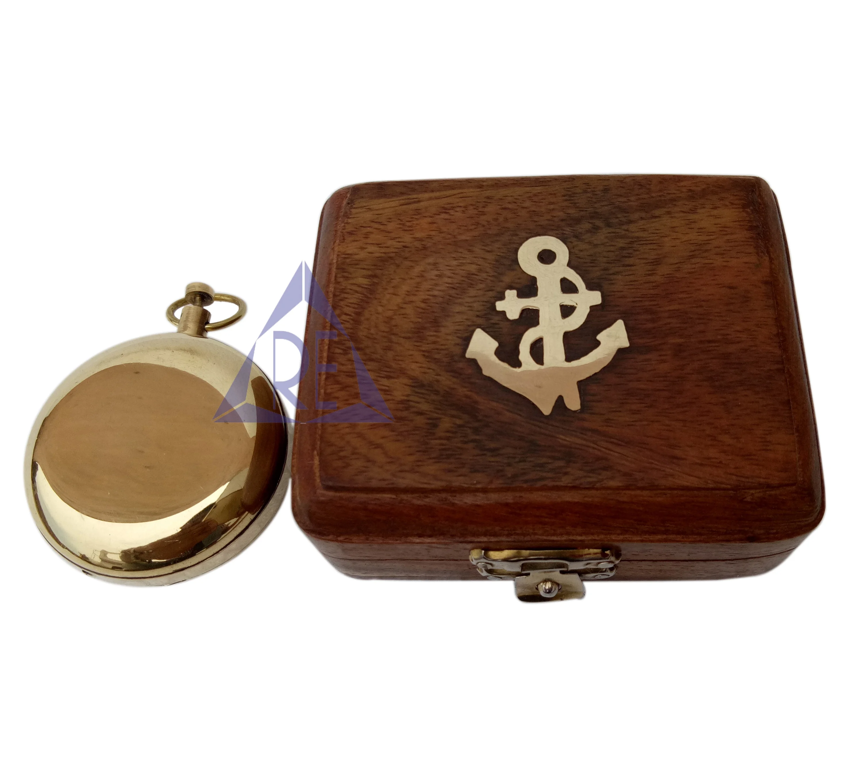 Brass Push Button Collectible Maritime Direction Pocket Compass With Wooden Box