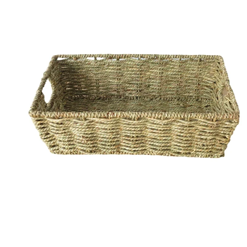 Baskets with green woven grass webbing handles are used for storage baskets in bathrooms, kitchens and living rooms set 2