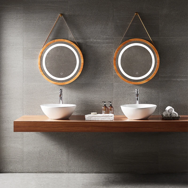 Custom-made Hotel Family bathroom Classic round flat solid wood frame Round leather belt hanging mirror