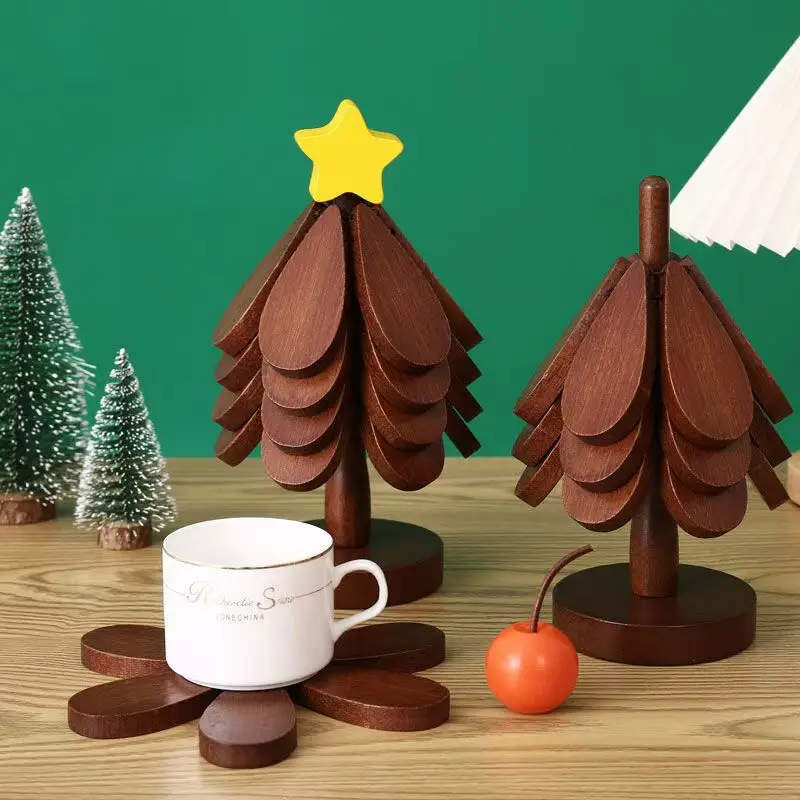 Wooden Trivets Dining Table Mat Potholders Heat-Resistant Decor Wood Christmas Tree Coasters Set with Holder for Hot Cookware