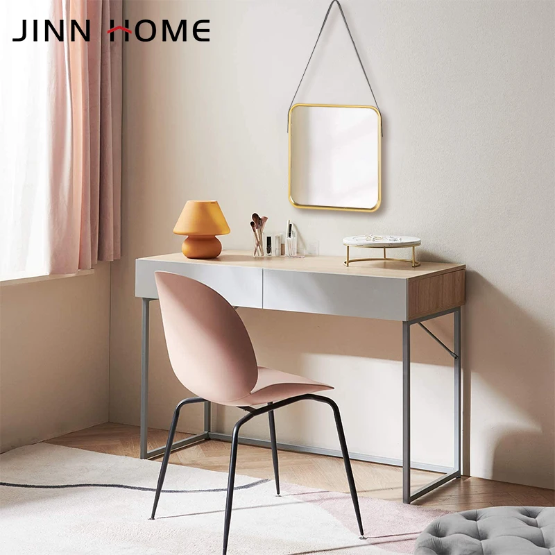  Jinnhome Elegant And Antique Gold Square Frame Wall Hanging Mirror With Modern Fake Leather Bathroom Decorative