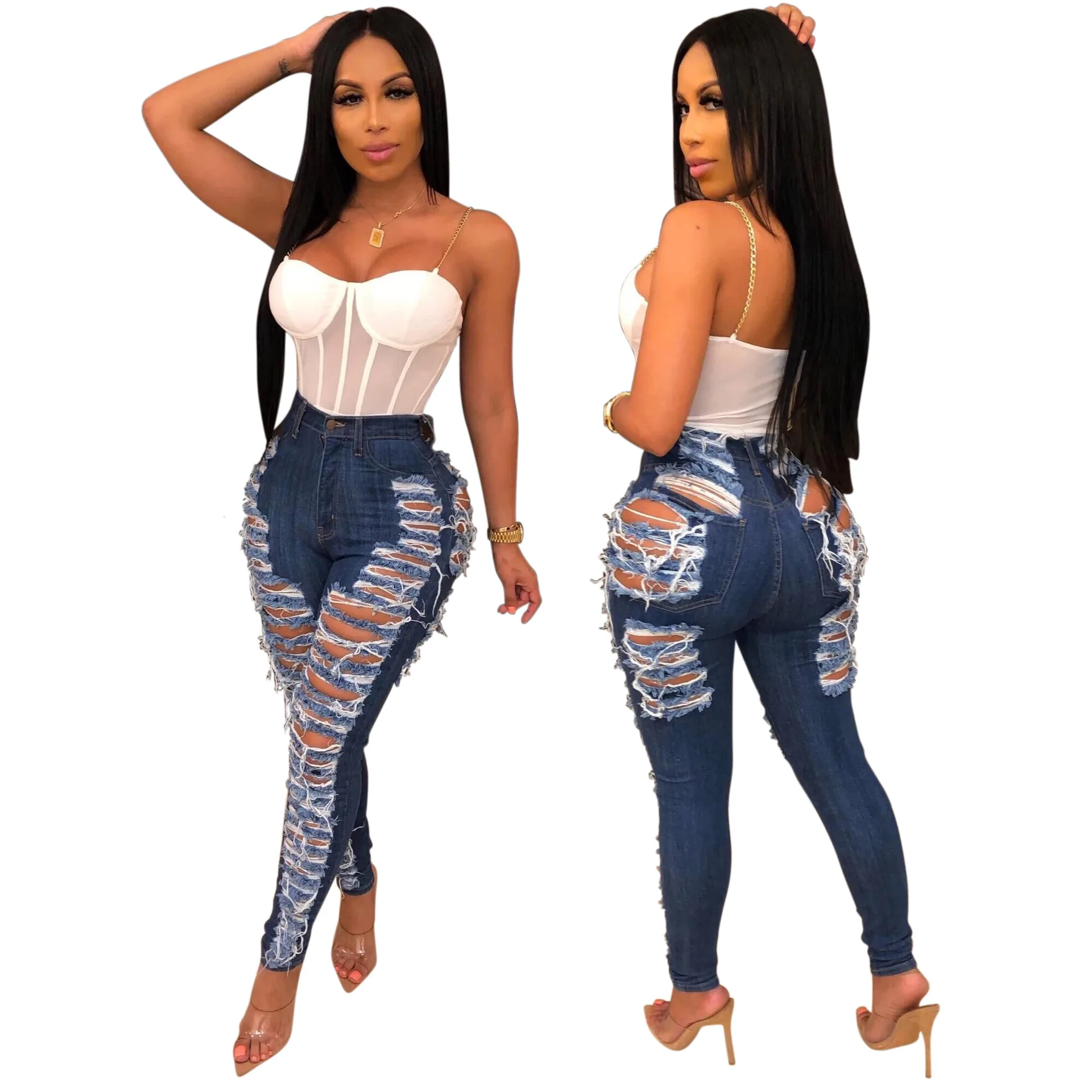 
New Design Fashion Casual Cut Up Women Denim Jeans Pantalones-Jeans Muj Distressed Custom Jeans 