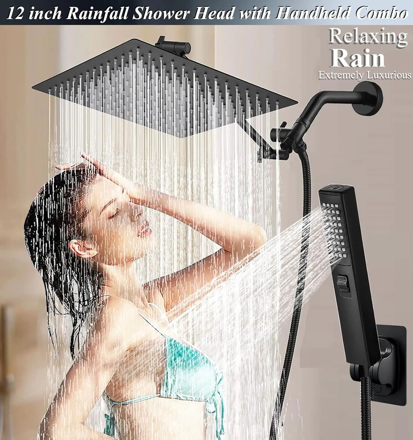 2-in-1 8' High Pressure Rain Handheld Shower Head Combo 9' Extension Arm 78' Long Stainless Steel Hose Bath Shower Powerful