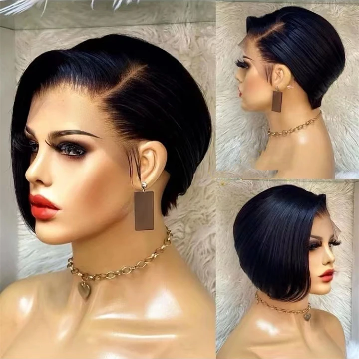 Pre Plucked Fashion Invisible Swiss Lace Cheap Pixie Short Wig 100 Virgin Human Hair Lace Front Wigs for Black Women