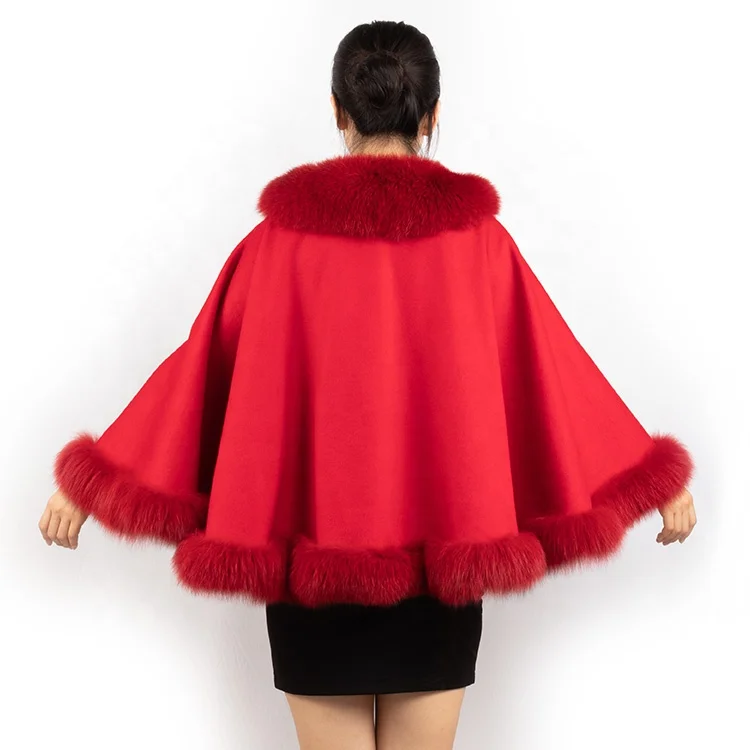 
DH IATOYW wholesale elegant cashmere poncho with real fox fur trim fashion women fur cape 