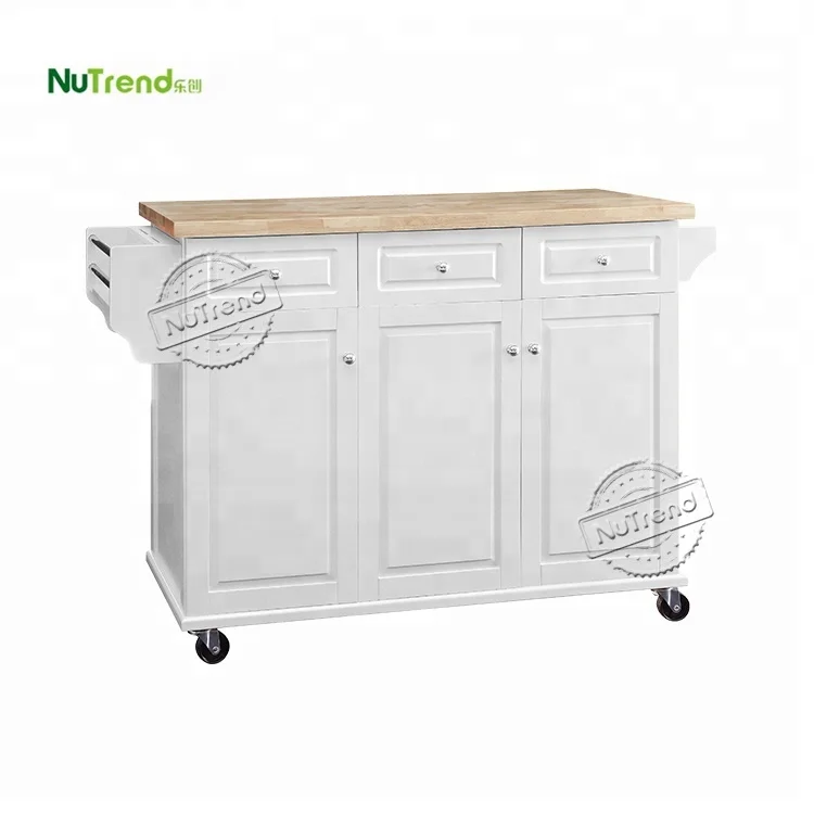 Rubber Wood Top Big Rolling Organizer Cart  3 Doors 3 Drawers Classical Kitchen Islands Movable Storage Cabinet on Wheels