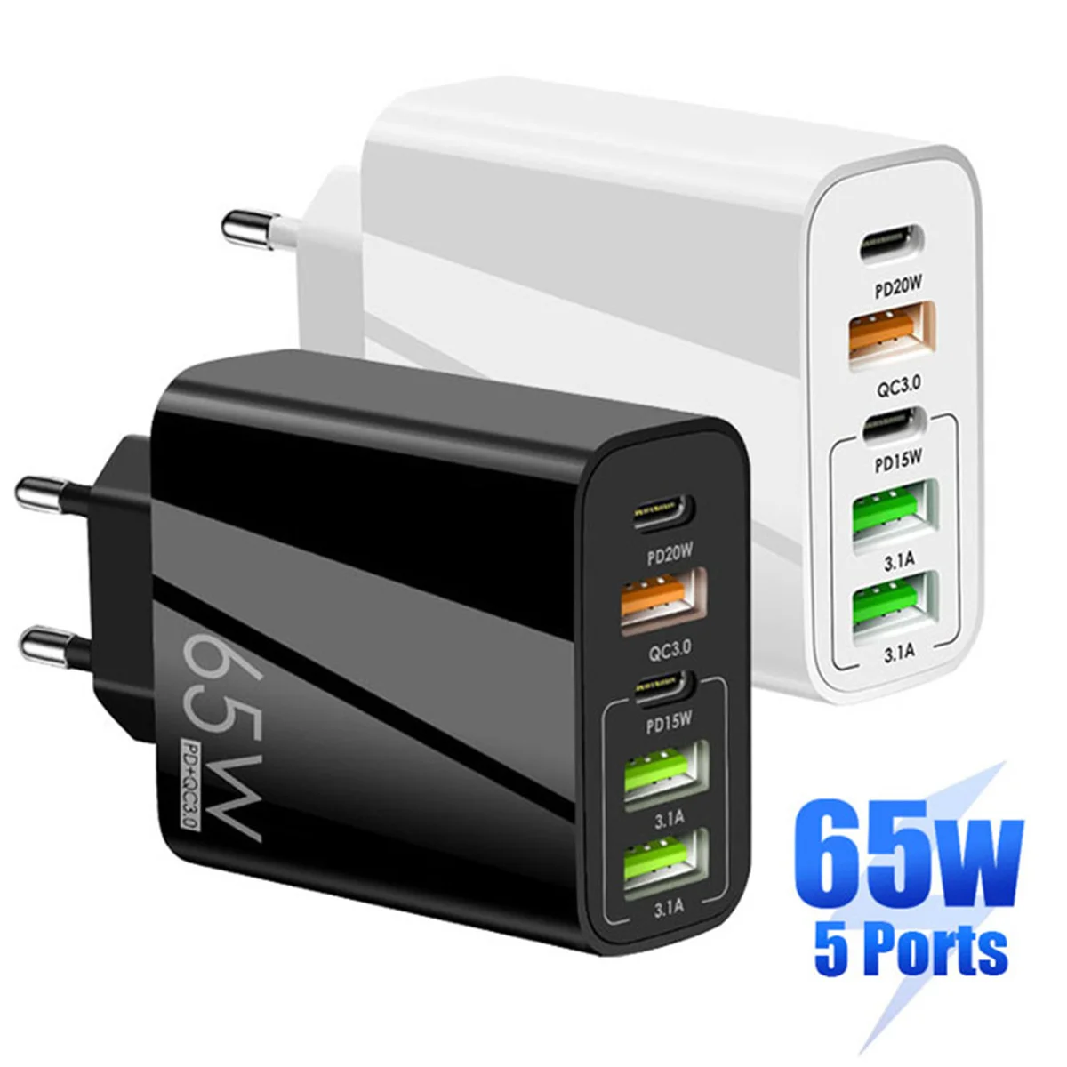 Universal 65W 5 USB Port 2C 3U Fast Wall Socket With UK EU US Plug 2C 3U QC3.0 PD20W  Type C Wall Charger