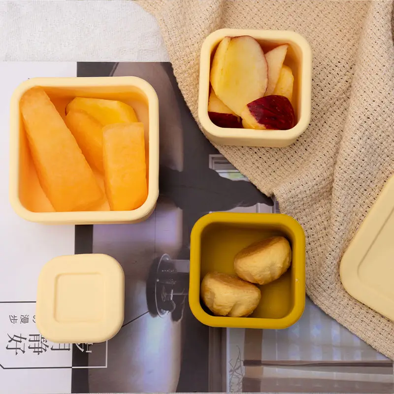 Custom Eco Friendly Reusable Silicone Kid Bpa Free Leakproof Food Storage Box Set Square Fruit Snack Container With Silicone Lid