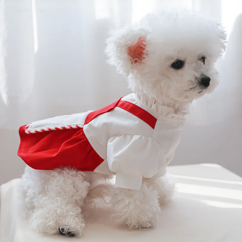 French Style White Red Pet Dresses for Dogs Cats Summer/Spring Solid Pattern Polyester Sustainable Cute Design for Small Animals