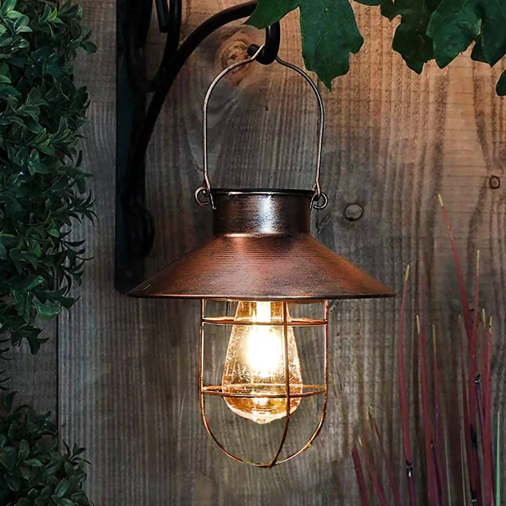 Garden Ornaments Landscape Garden Edging Solar Wrought Iron Tungsten Bulb Edison Retro Disc Hanging Lamp