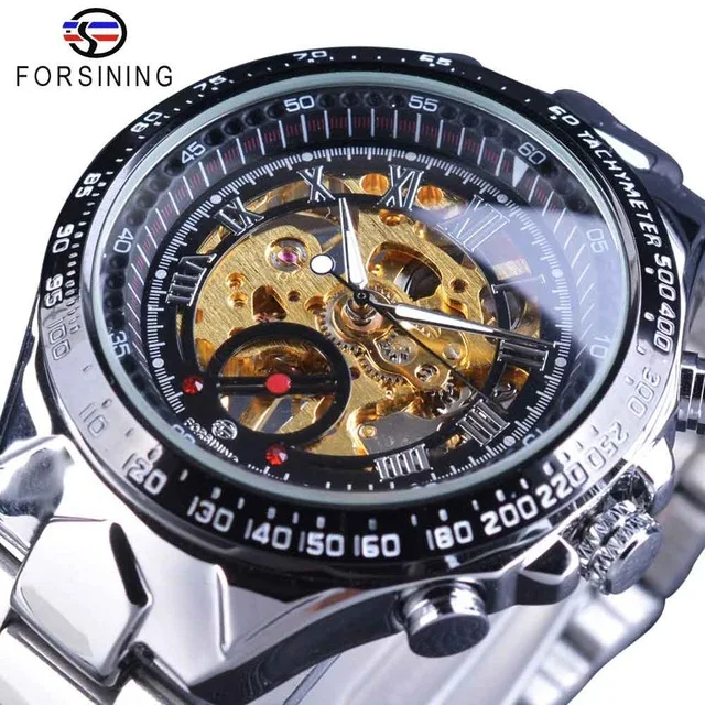 Forsining Men Transparent Case Open Work Silver Stainless Steel Mechanical Skeleton Sport Wrist Watch Men Top New Luxury Clock