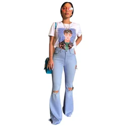 Neyaolk Wholesale Casual Sexy Women Pants High Waist Wash Wide Leg Hole Jeans