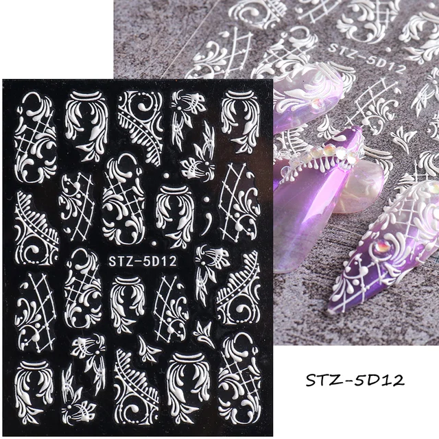 5D Acrylic White Wedding Nail Design Embossed Flower Lace Nail Stickers Decals French Manicure Decor Winter Sliders