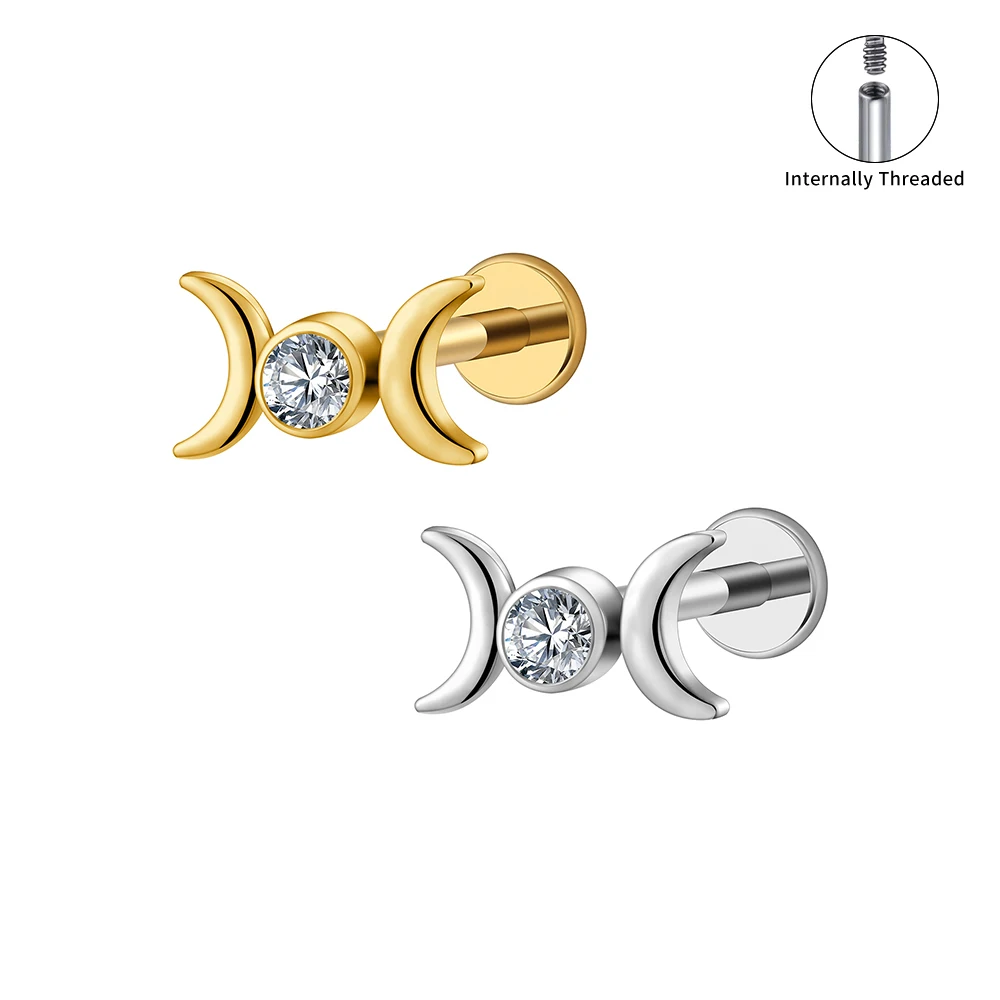Right Grand ASTM F136 Titanium 16G Internal Thread Goddess Crescent Moon Helix Cartilage Earring CZ Nose Piercing Jewelry