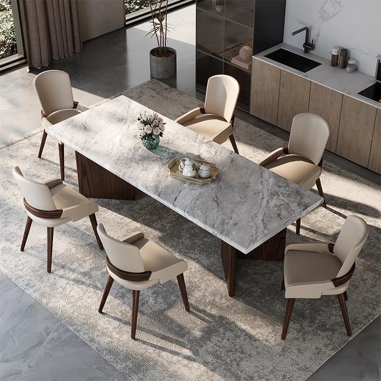 Minimalist Rectangle Marble Top Dinning Table And Backrest Chair Set Wood Dining Table Sets 6 Chairs