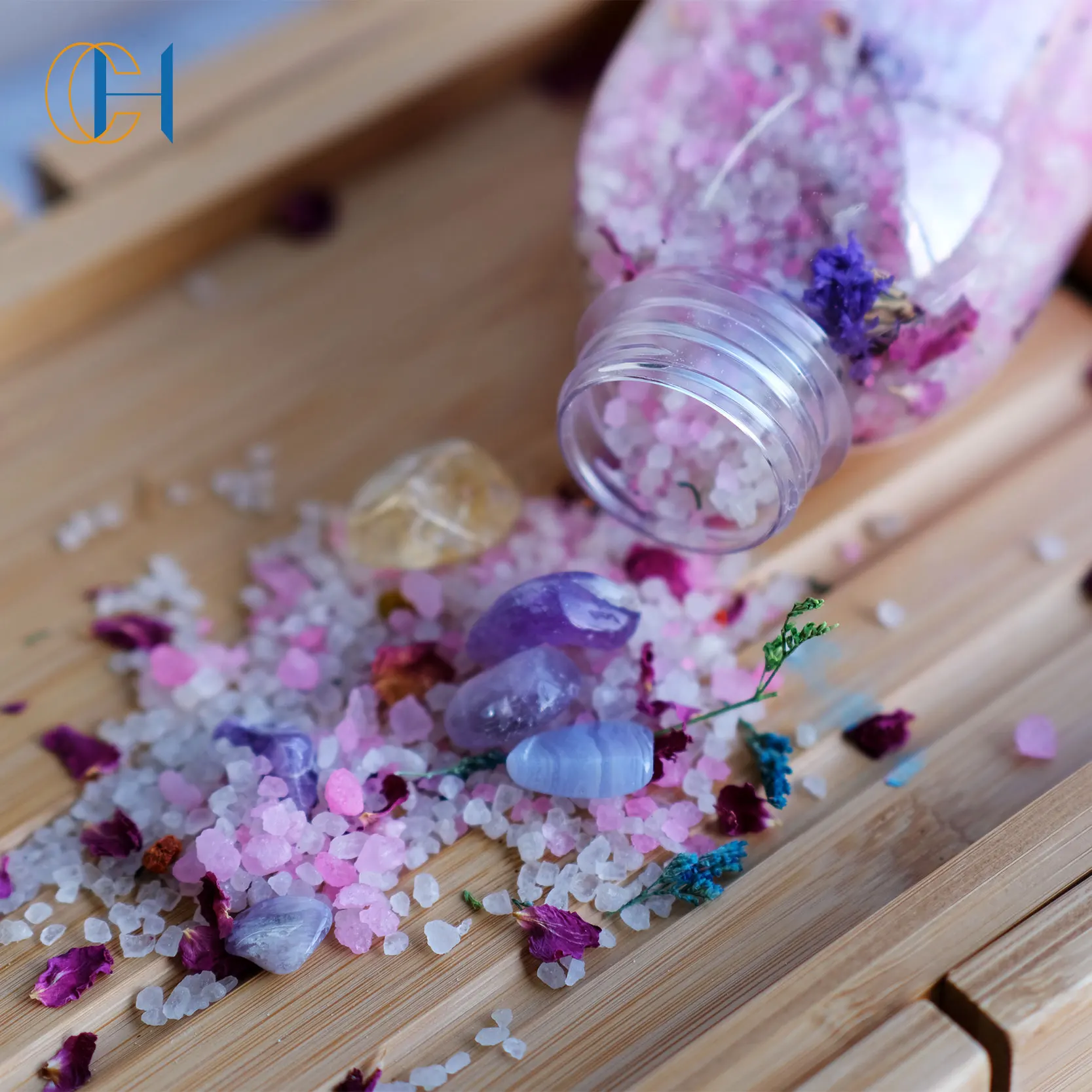 C&H Wholesale OEM Luxury  Customized Private Label Gift Box Lavender Therapy Healing Bubble  Bath Salts With Flower And Crystal