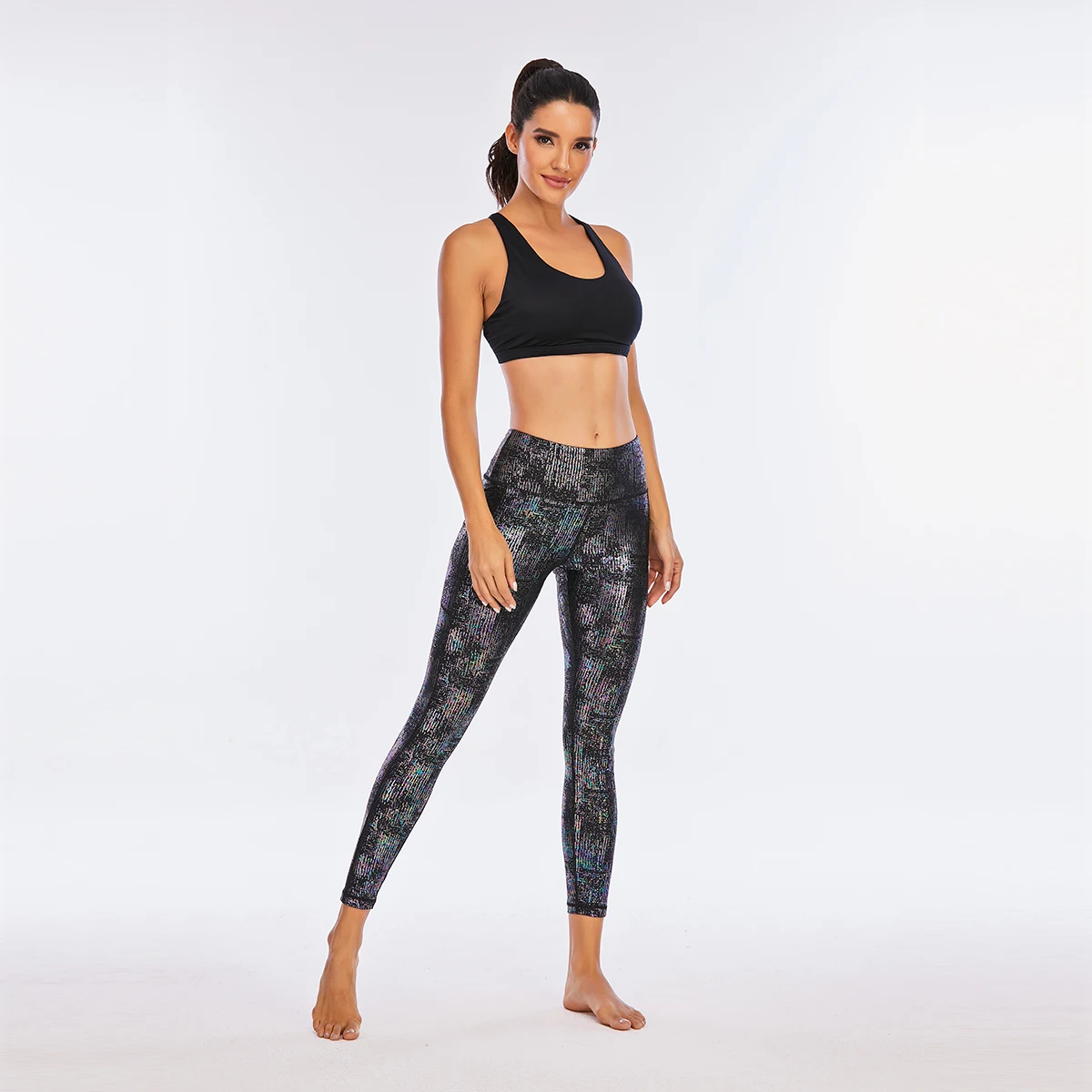 Wholesale custom label unique metallic shiny colorful print workout leggings girls pop print yoga pants with pockets