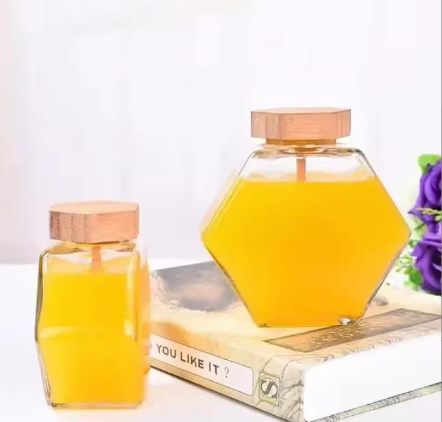 Hot Sale Transparent 100ml 220ml Hexagon Honey Glass Jar 380ml Glass Jars for Honey Storage Food Packaging With Wooden Lid