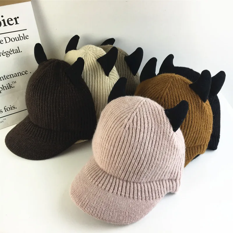 Winter New Lady Acrylic Knitted Hats Plain Color Female Youth Cute  Keep Warm Baseball Cap