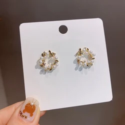 Korean Style Women 925 Circle Olive Branch Pearl Flowers Earrings