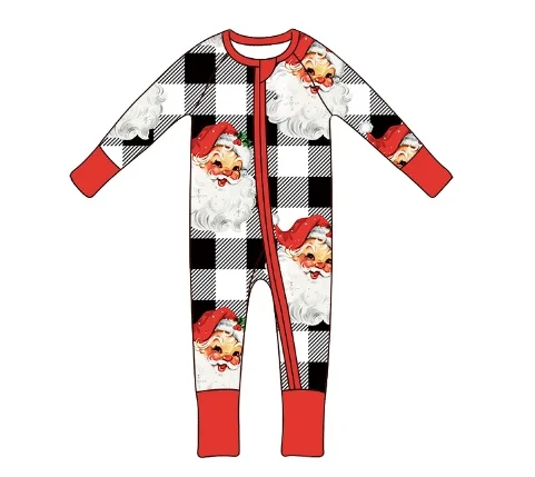 Qingli Oem&odm bamboo&milk silk baby Clothes Santa Claus checked Printed One Piece zippy pajamas romper Sleeper