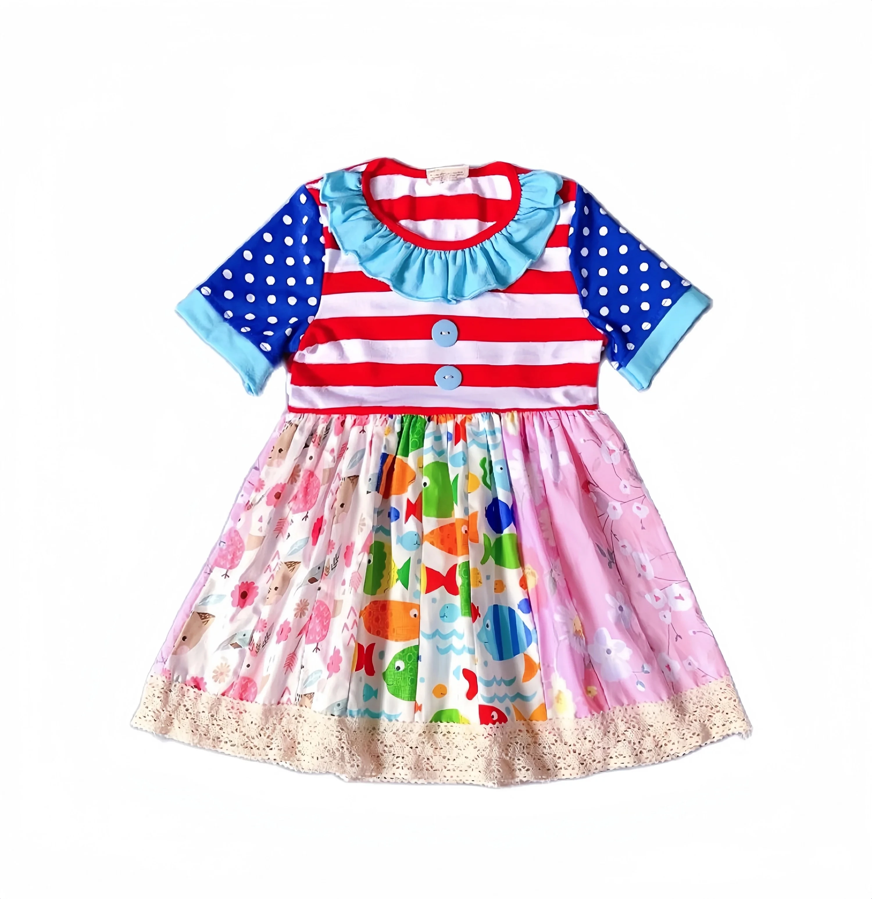 White Lace Trim Elephant Printing Ruffles  Princess Frocks Short Sleeve Girls Dress
