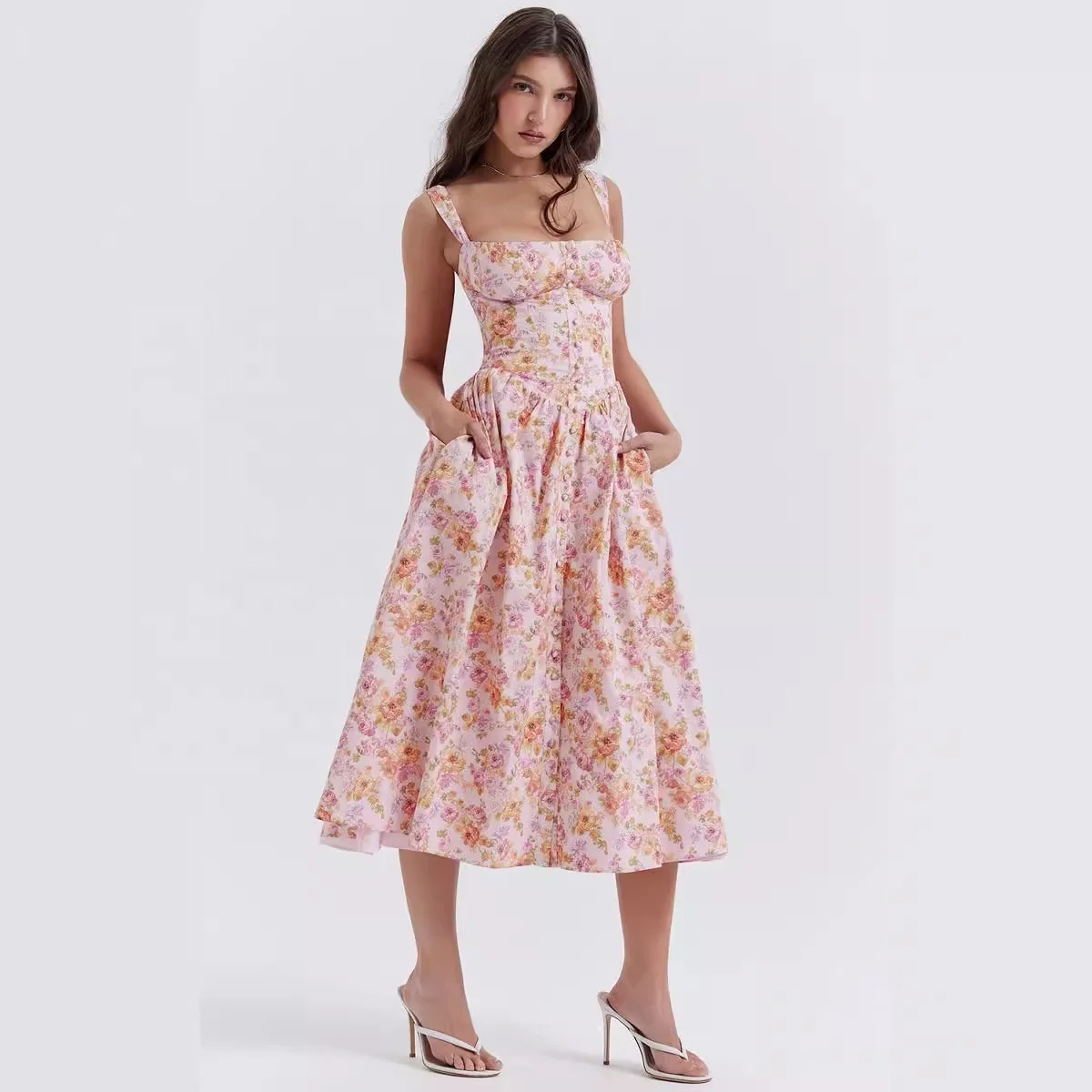 High Quality Sexy Strapless High Waist A-line Elegant Dress For Women Halter sleeveless Floral Girls Skirt French Backless