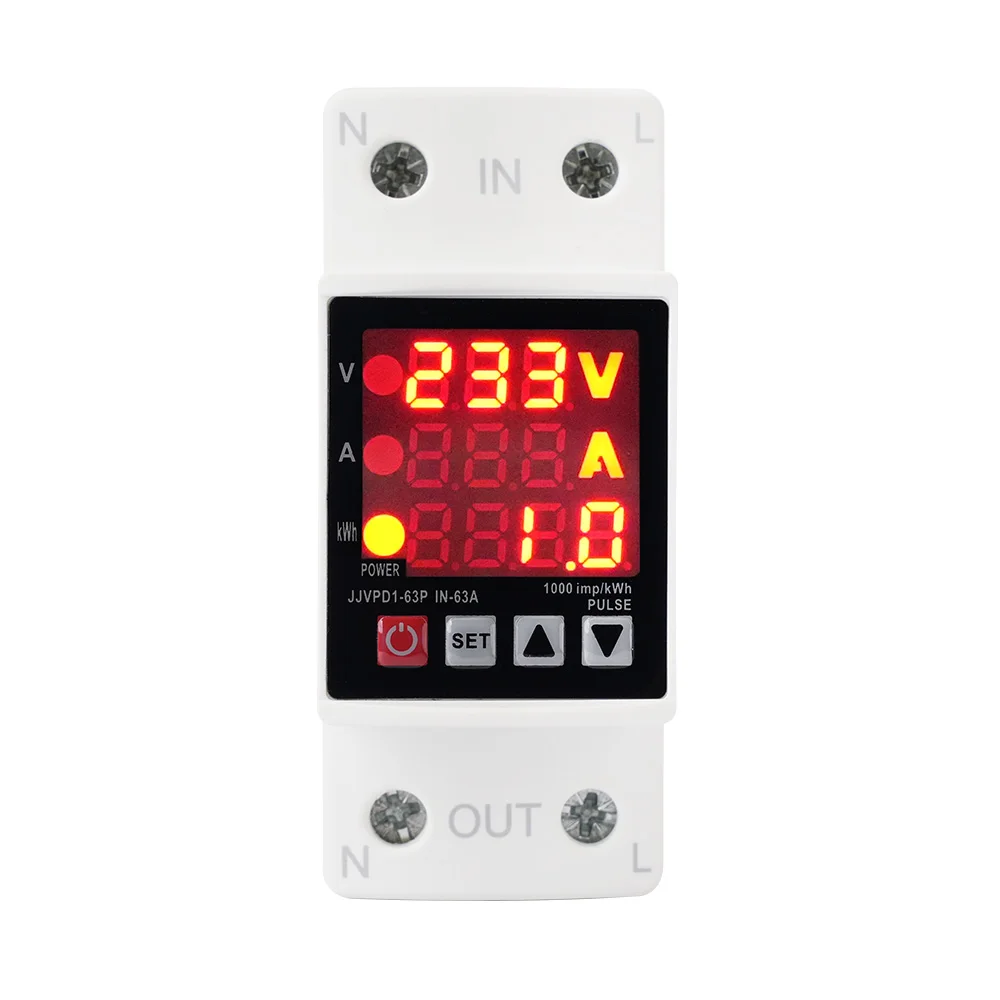 Нин 63A 230V 3IN1 дисплей Din rail Регулируемая Накладные наушники пониженного напряжения от перенапряжения переменного тока реле перегрузки по току защиты кВтч измеритель мощности ватт Mete