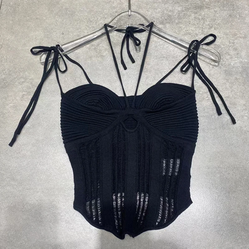 TWOTWINSTYLE High Quality Hollow Out Halter Sleeveless Ladies Black Vests For Women