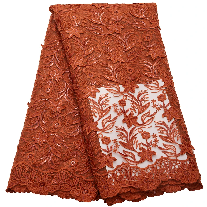 2783 Burnt Orange African Milk Lace Fabric With Rhinestones For Party Dress Embroidery Nigerian Tulle Net Lace With Appliques