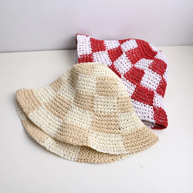 Handmade Breathable Travel Beach Protection Sun Crochet Bucket Hat Ladies Plaid Womens Straw Hats For Men