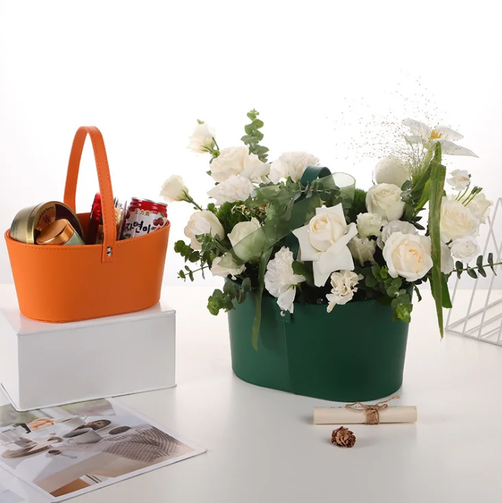 Custom logo luxury bouquet leather packaging cardboard boxes flower box rose paper gift packaging bucket flower box with handle