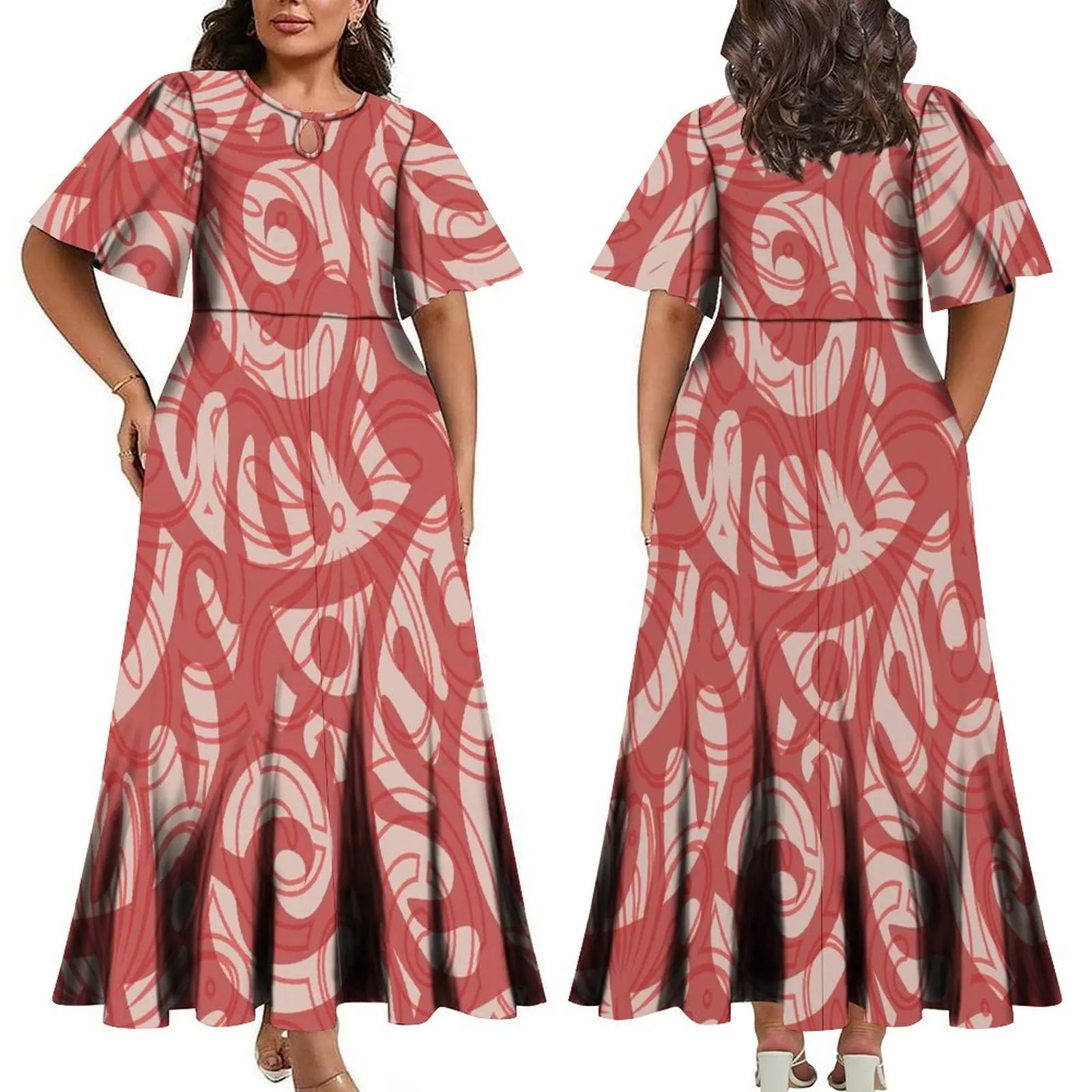 OEM Customized Pacific Island Design Half Flare Sleeve Long Pleated Dress Water Drop Design Maxi Party Casual Dresses Ladies