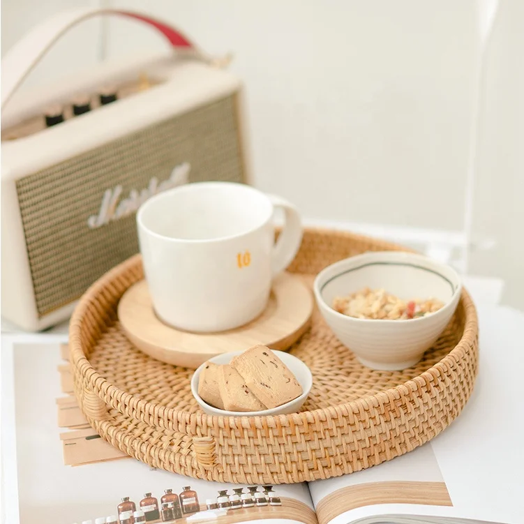Rattan Basket Hand-woven Coffee Breakfast Severing Tray Food Storage Bread Plate With Handler For Drink Snack Tea