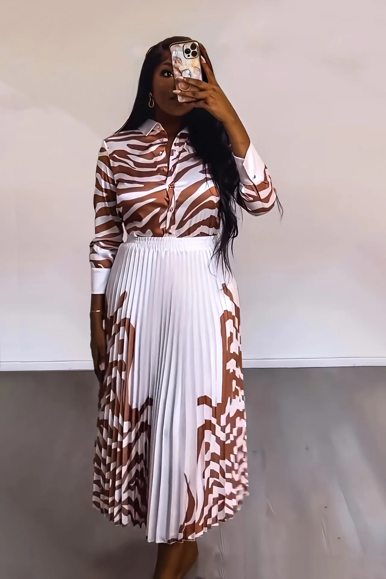 Women Zebra-striped Long-sleeved Shirt Casual Pleated Skirt Spring and Summer Two-piece Suit 2023 Ladies Elegant Suit