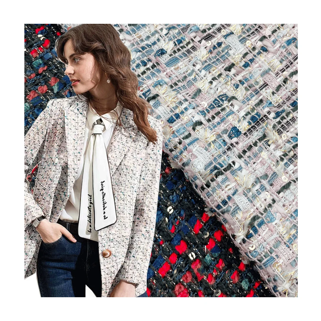 High Quality 21% Acrylic 79% Polyester Colorful Luxury Shiny Tweed Fabric For Dress And Sets