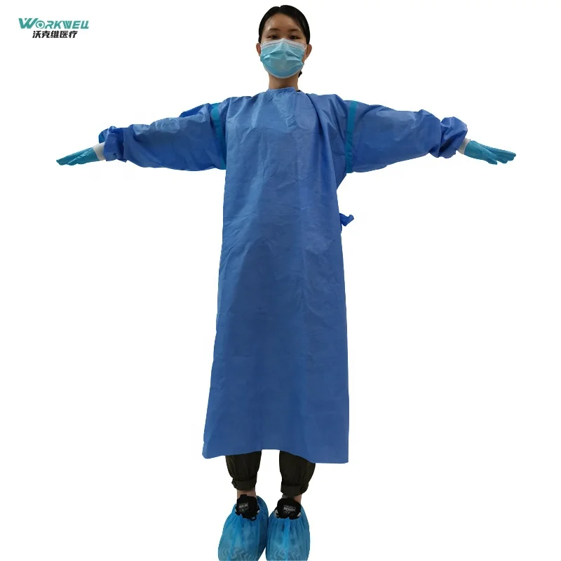 High quality 510K Disposable smms surgical gown 45g Long sleeve with tape used for Airport Isolation gown Reusable EN14126