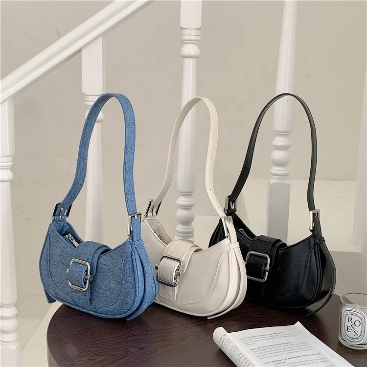 Retro PU Leather Handbag Luxury Denim Blue Designer Hand Bag Wool Joining Leather Ladies Underarm Shoulder Bag