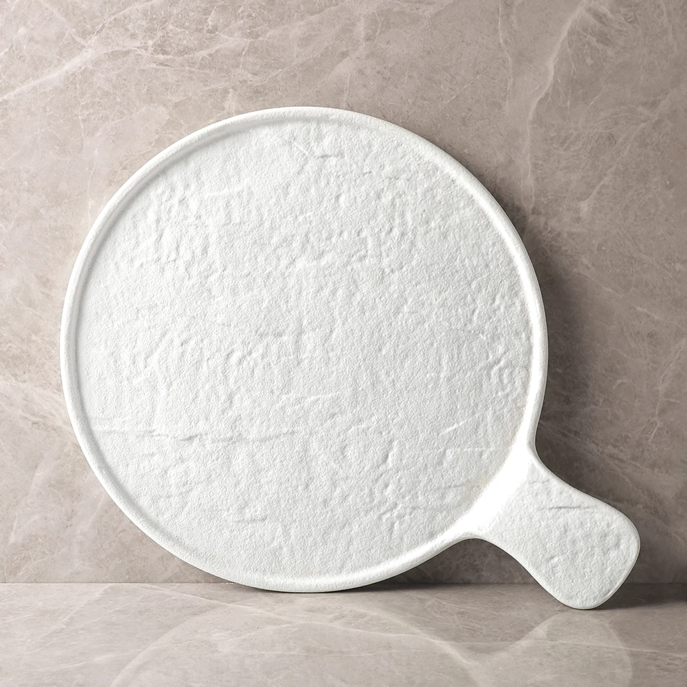 Frosted White Stoneware Extremely Durable Pizza Plate Unique Style Custom Logo Dishes With Handle Food Display For Wedding