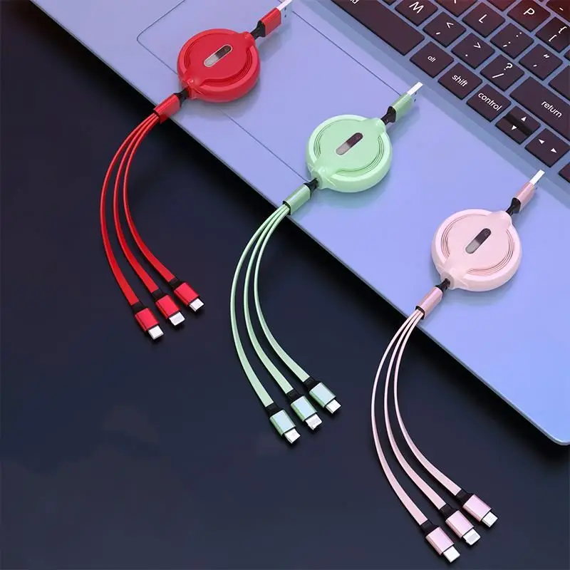 Liquid silicone retractable cable three-in-one macaron 1 drag 3 data charging cable gift logo customization