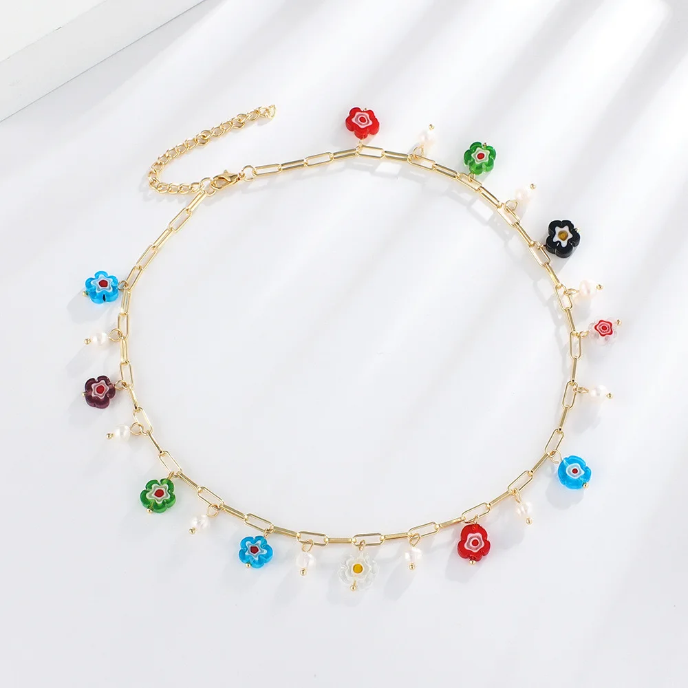 Boho Summer Natural Pearl Collarbone Chain Necklace 18k Gold Freshwater Pearl Colorful Polymer Clay Flower Pendant Necklace