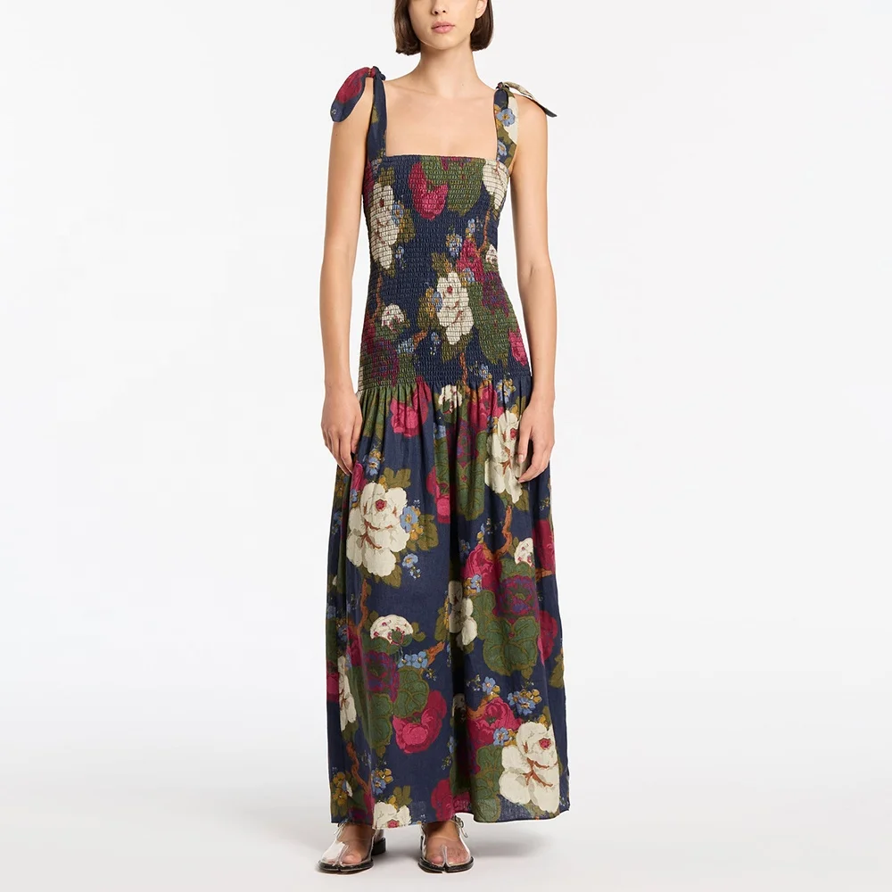 2023 Women Linen Dress Summer High quality clothing Square collar Linen floral maxi dress lace up waist loose casual dresses