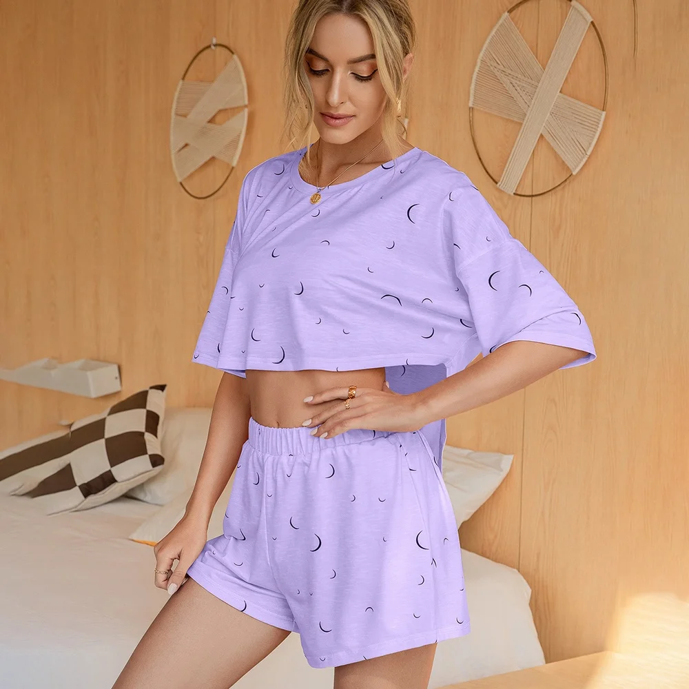 
wholesale Women and girl new print crop top t-shirts and shorts set for home wear two piece set 