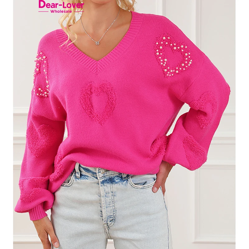 Dear-Lover Wholesale Fast Shipping Valentines Pearl Embellished Fuzzy Hearts V Neck Knitted Women Sweater