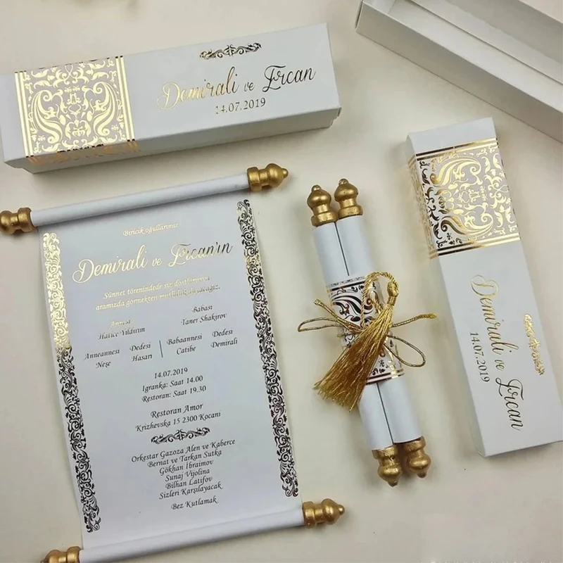 2024 Customize Low Moq Paper Scroll Wedding Invitation Card with Box & Tassel Unique Rolling Paper Wedding Invitation Cards