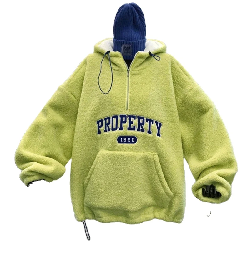 New fashion oversize Velvet Thick Zipper Hoodie Lamb Velvet Sweater Sweatshirts With Pockets Soft women 1/4 Zipper Hoodie